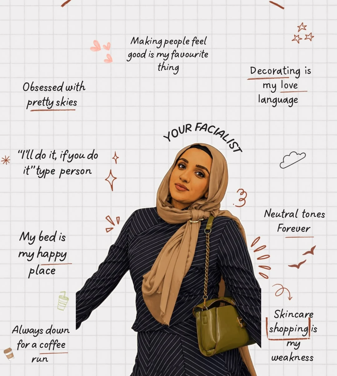 Illustrated profile introducing Jaweria and her personality