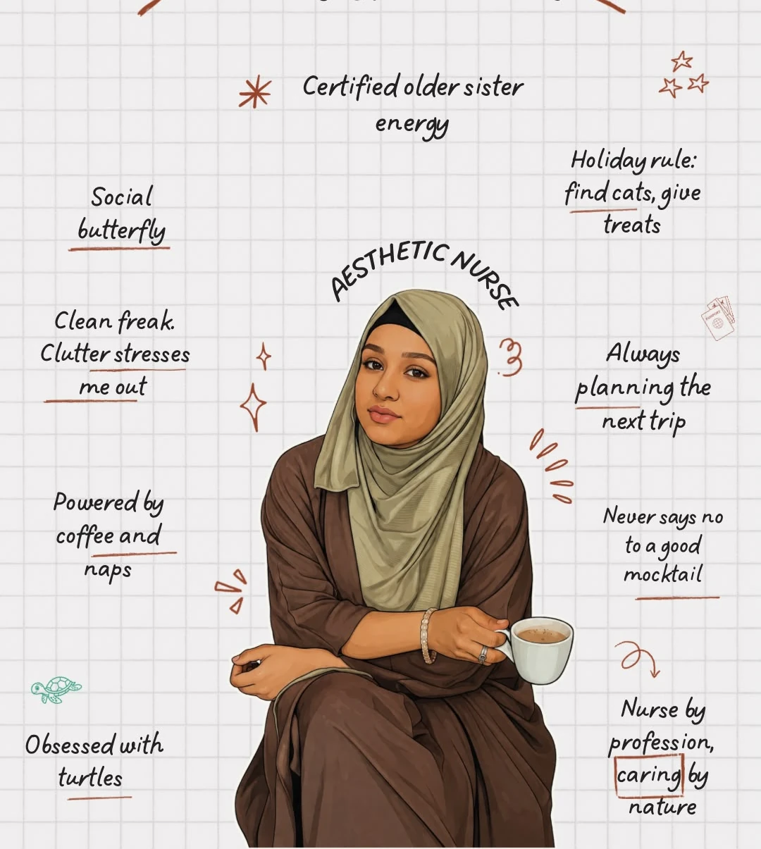 Illustrated profile introducing Shumail and her personality